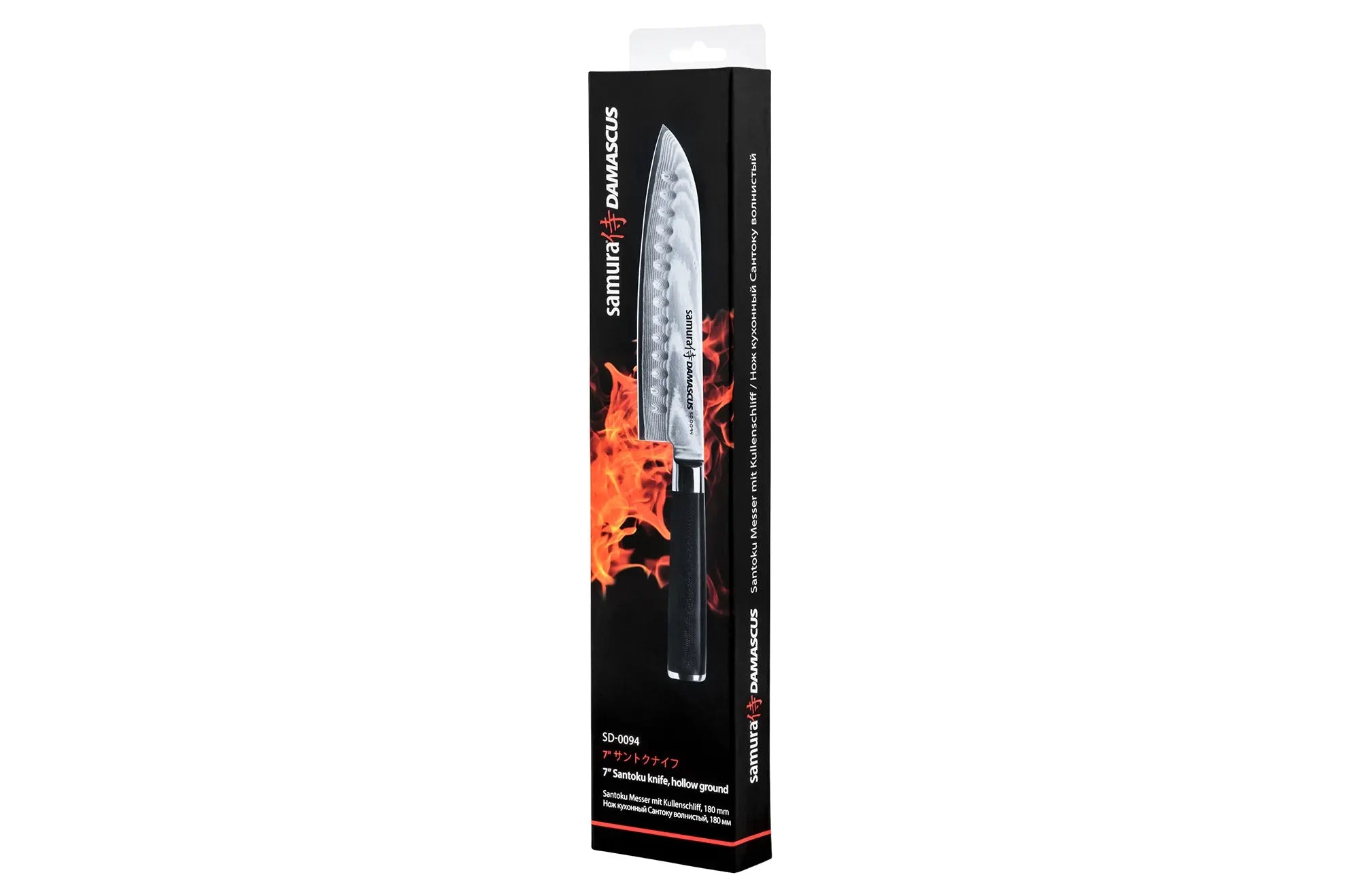 Precision Knives Samura Damascus Santoku Knife in its packaging