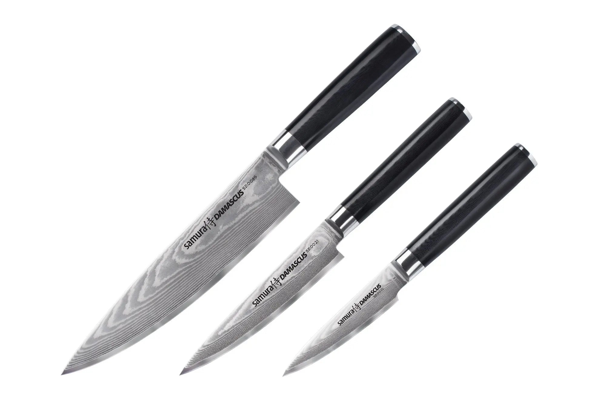 Precision Knives Samura Damascus Knife set of 3 against white background