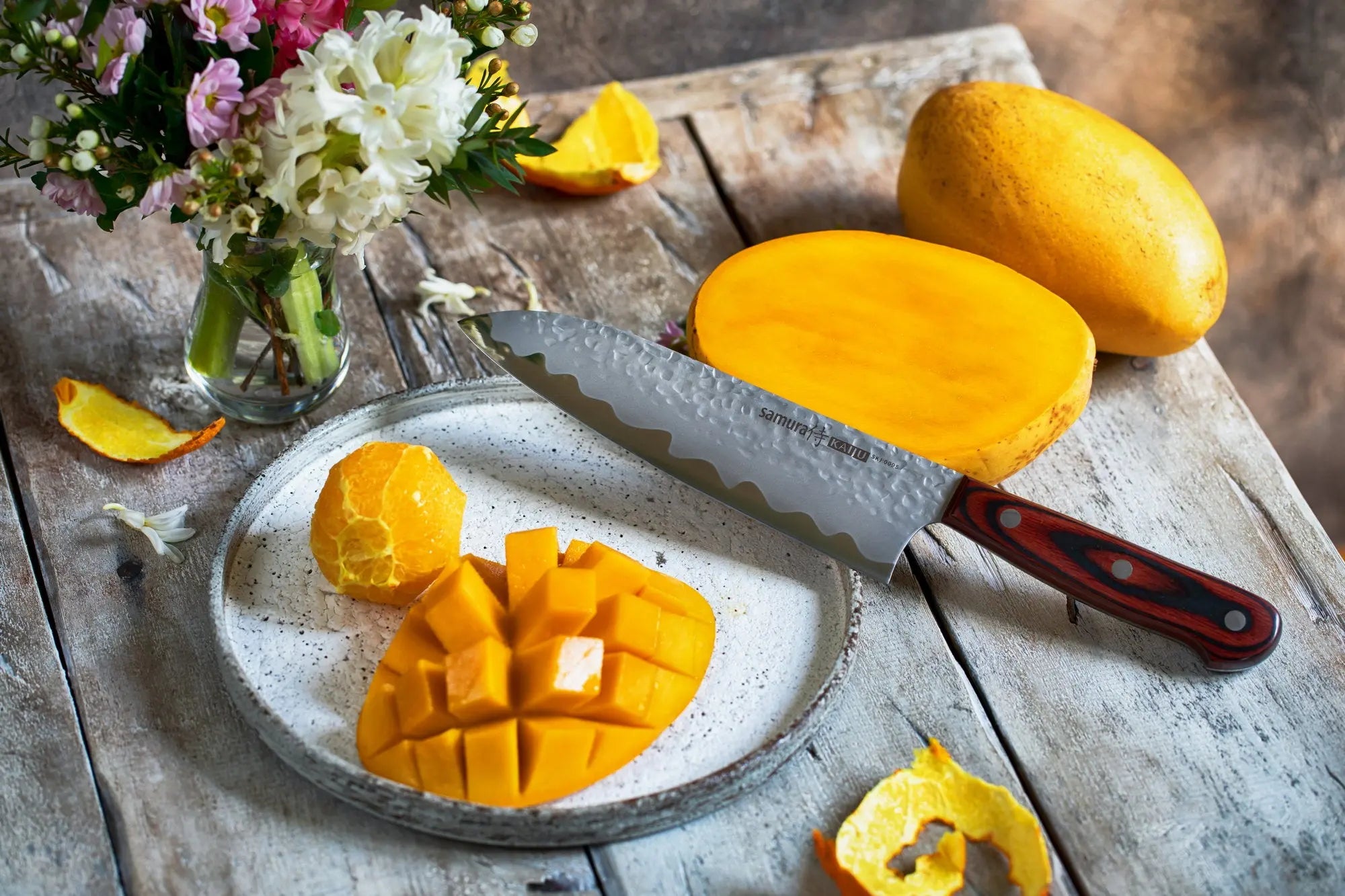 Precision Knives Samura Kaiju Santoku Knife chopping mango