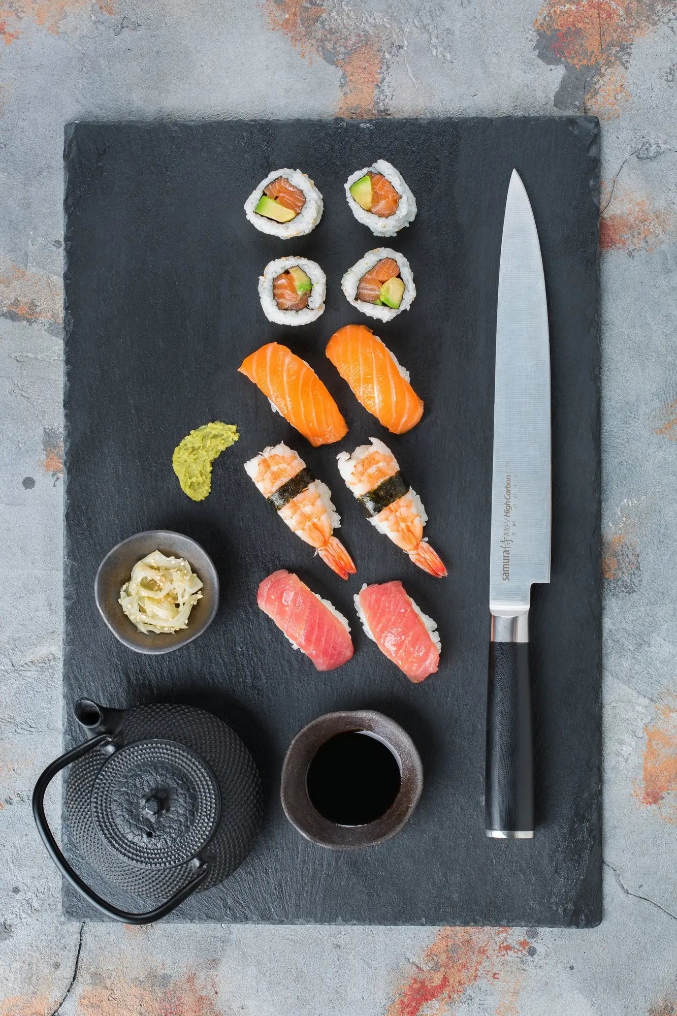 Precision Knives Samura MO-V Slicing Knife on slate with sushi