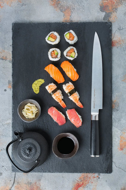 Precision Knives Samura MO-V Slicing Knife on slate with sushi