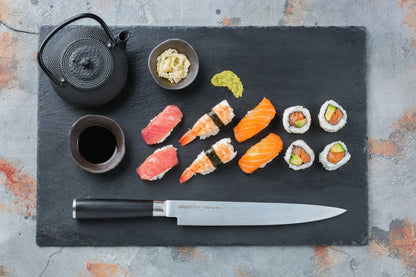 Precision Knives Samura MO-V Slicing Knife on slate with sushi