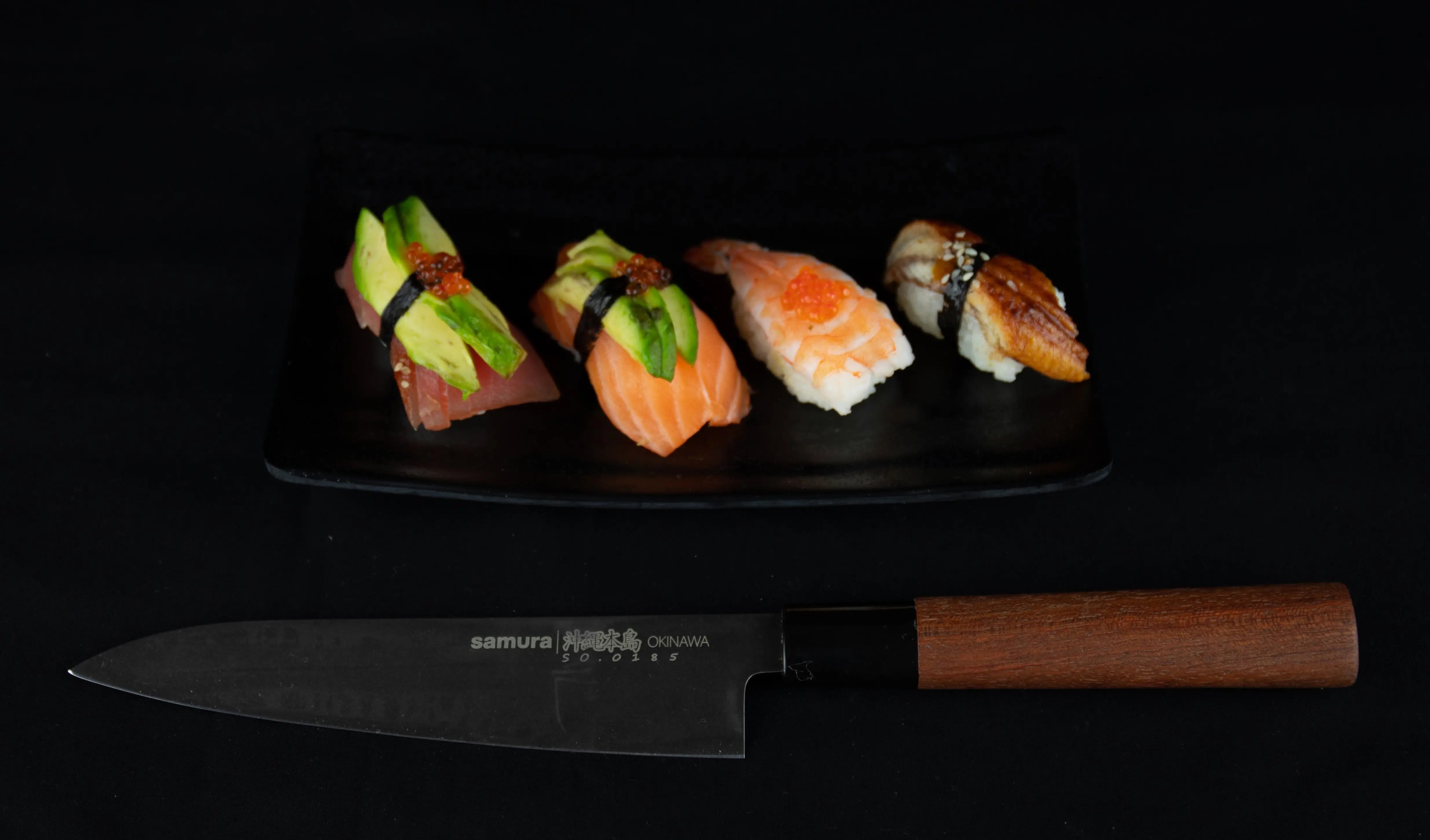Precision Knives Samura Okinawa Stonewashed Gyuto next to sushi