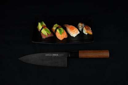 Precision Knives Samura Okinawa Stonewashed Deba next to sushi