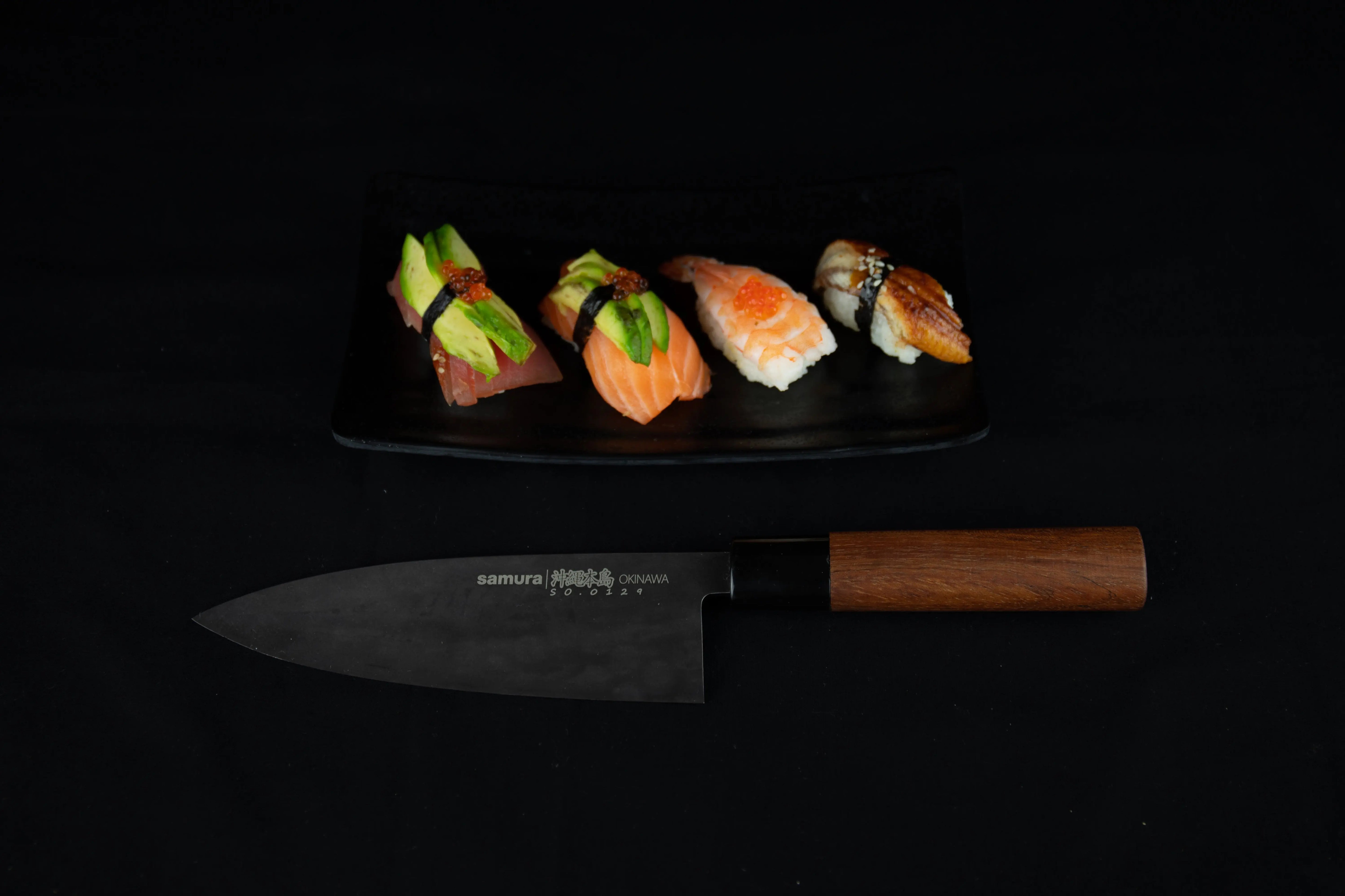 Precision Knives Samura Okinawa Stonewashed Deba next to sushi