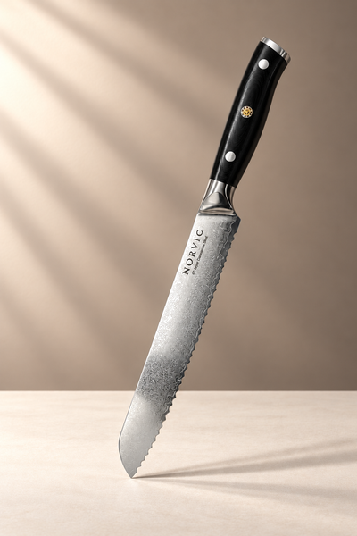 Norvic Worstead 8-inch serrated bread knife with patterned Damascus blade and black G10 handle