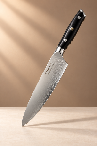 Norvic Worstead 8-inch chef’s knife with patterned Damascus blade and black G10 handle