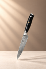 Norvic Worstead 5-inch utility knife with patterned Damascus blade and black G10 handle